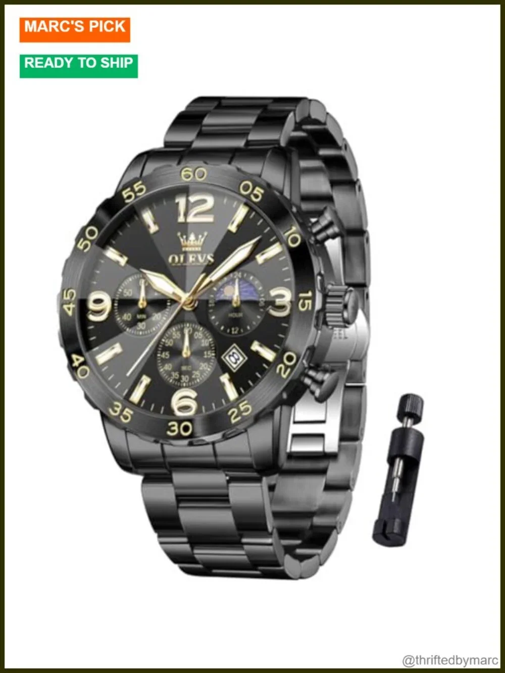 Men's Stainless Steel Analog Quartz Chronograph Moon Phase Luminous Watch